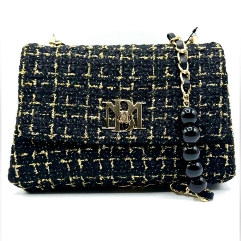 Badgley Mischka NWT Black and Gold Tweed Crossbody Bag